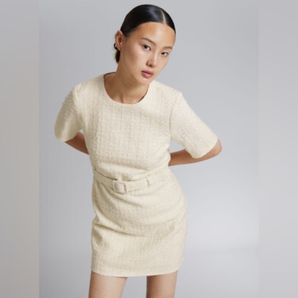 & other stories tweed belted mini dress in cream - Picture 2 of 3